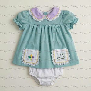 Mardi Gras Kinderkleidung Gewebtes Gingham-Mädchenkleid mit Peter-Pan-Kragen und Bestickter Spitze Kleinkind Mädchen Bekleidungssets - Product Image 2