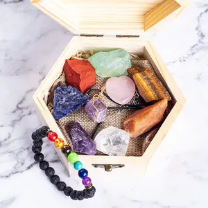 Customize Healing Crystals Set for Beginners Raw Rough Stones Kit Tumbled Stone Chakra Set in Diamond Shape Wooden Box for Gift