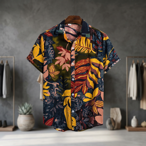 Chemise hawaïenne décontractée pour homme à manches courtes en sergé, imprimé feuilles tropicales noir et vert, respirante et écologique, idéale pour les vacances d'hiver - Product Image 4