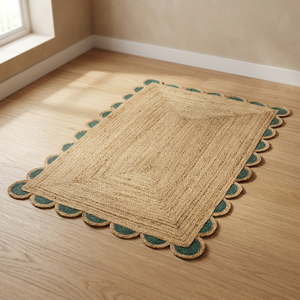 Natural Jute Woven <b>Rug</b> Rectangle <b>Scalloped</b> Edge Green Border Bohemian Medium Pile Eco Friendly Reversible Braided Area Carpet - Product Image 3
