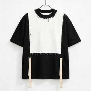 T-shirt en coton pour homme grande taille, épaules tombantes, manches courtes, épais, patchwork, bretelles à franges, coupe oversize, style streetwear, logo personnalisé - Product Image 4