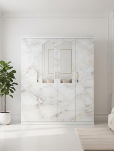 Armoire en acier imprimé haute brillance à 4 portes, double porte miroir battante, cadre blanc, armoire de chambre moderne - Product Image 4