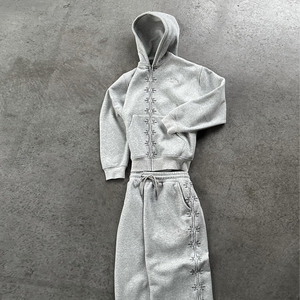 Customized Crystal Street Style Heavyweight Zipper <strong>Blank</strong> Two Piece Sports Pants and Hoodie Set for Men - Product Image 6