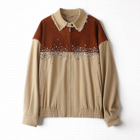 611 New Autumn Woolen Leather Patchwork Coat Irregular Rivets Retro Contrasting Collar Long Sleeve Jacket