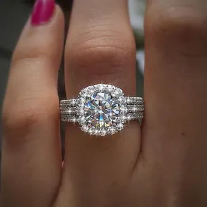 银色钻石订婚结婚戒指女性超级火花双层方形结婚戒指