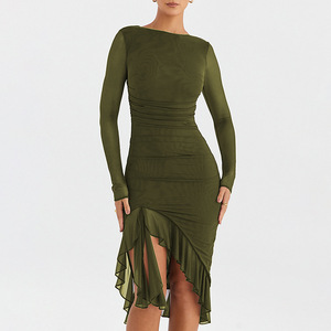 Vestido Midi Asimétrico de Estilo Europeo Americano, Sexy, con Cuello Redondo, Manga Larga, Ajustado, con Detalles de Malla, para Otoño - Product Image 1