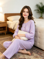 Ensemble de pyjama ample en fibre de bambou pour femme, col rond, style fin, longueur intégrale, pour chambres climatisées, cardigan à manches longues, collection automne