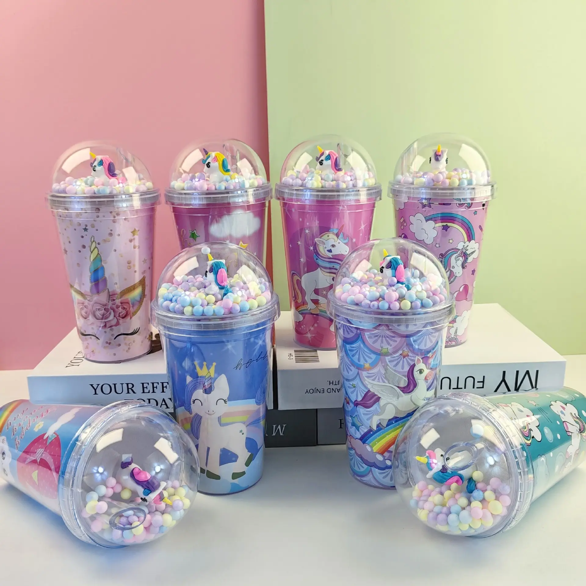 Kawaii 학생 유니콘 더블 벽 마시는 텀블러 bpa 무료 재사용 가능한 플라스틱 아이스크림 컵