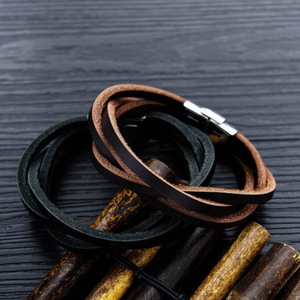 Versatile men's titanium steel <b>bracelet</b>, top-grain cowhide breathable wristband, Korean style fashionable trendy wristband - Product Image 1