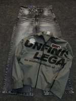Ensemble de veste de travail zippée à col américain personnalisée OEM, jean large bleu clair délavé, tenue 2 pièces style streetwear