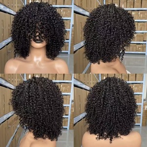 Parrucca corta brasiliana riccia capelli umani 230g <span class=keywords><strong>parrucche</strong></span> senza colla di colore naturale con frangia Remy vergine parrucca riccia fatta a macchina - Product Image 2