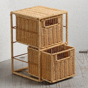 Faux Rattan Woven Desktop <b>Drawer</b> Organizer 2 <b>Drawers</b> Light Brown Cosmetic <b>Storage</b> Box Makeup Organizers - Product Image 5