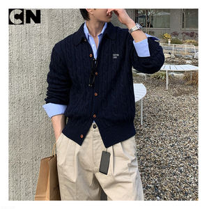 GRS Certification Sweater Manufacturer Wholesale Custom Korean Style Men Vintage Cable Knitted Cardigan Sweater with Button - Product Image 2