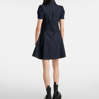 Mignonnes robes en jean à manches bouffantes Vintage Fit and Flare Mini Ladies Skirts Ruched Contrast Topstitching Women Dresses
