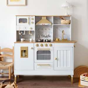 Ensemble de cuisine <span class=keywords><strong>en</strong></span> <span class=keywords><strong>bois</strong></span> pour enfants avec machine à café dorée, jouet éducatif de simulation de jeu de rôle pour enfants. QA0013 - Product Image 1