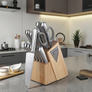 Bộ dao bếp bằng thép không gỉ cao cấp 14cs kèm kéo và giá gỗ cao su, bộ dao bếp đầu bếp, dao cắt thịt 14cs - Product Image 1