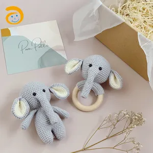 Hot Sale Großhandel Häkeln Elefant Zahnen und Elefanten puppe Holzring Rassel Baby Beißring Sensorische Spielzeuge