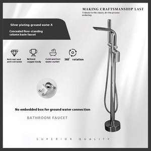 Robinet de <span class=keywords><strong>baignoire</strong></span> autoportant thermostatique Gunmetal Pomme de douche murale à poignée unique en laiton avec finition en bois brossé en céramique - Product Image 6