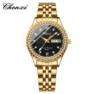 CHENXI 8215 Montre <span class=keywords><strong>Couple</strong></span> Double Calendrier Lumineuse Or Diamant Bracelet Acier Inoxydable Quartz Vente Chaude Transfrontalière - Product Image 5