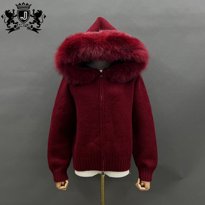 Cardigan en tricot doux JANEFUR, confortable, chaud pour l'hiver, décontracté, luxueux, surdimensionné, <span class=keywords><strong>pull</strong></span> pour <span class=keywords><strong>femme</strong></span> avec capuche en vraie fourrure de renard - Product Image 6