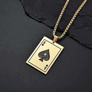 Collier vintage en acier inoxydable 316 avec pendentif chanceux gravé As de Pique, Roi, Cœur, unisexe, cadeau, bijoux en gros - Product Image 3