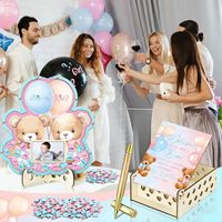 Cadre photo Nicro Ours mignon avec nœud rose et 60 tranches de bois personnalisables pour invités, pour décoration de table de fête prénatale et révélation du sexe