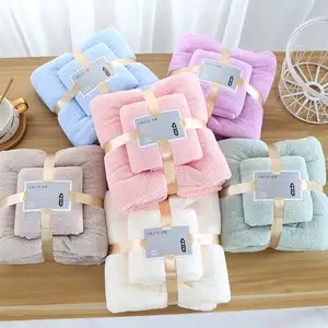 Wholesale Thick 2 Pcs gift bags Custom Logo coral fleece multicolor Soft microfiber Bathroom Towel Sets