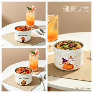 Christmas Bear Plastic Steel Double Layer <b>Lunch</b> <b>Box</b> 900Ml Round With Lid For Breakfast Oatmeal Halloween Pumpkin Design - Product Image 3
