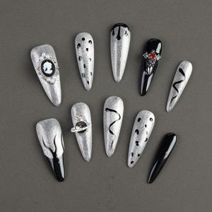 Faux ongles à presser faits main en acrylique de luxe, forme amande longue, couvrance totale, avec strass étoiles, prix usine en gros - Product Image 2