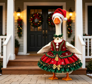 Winter Christmas Goose Outfit Set Dress Santa Hat Bells Wreath Outdoor Garden Holiday Decoration - Product Image 1