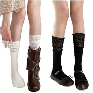 Chaussettes amples pour femmes, blanches et noires, avec bordure en dentelle, respirantes, absorbant la sueur, style ballet, chaussettes hautes pour bottes, pour jeunes de 18 à 40 ans - Product Image 4