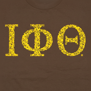 เสื้อยืดกราฟฟิคตัวอักษร Iota phi theta Greek เสื้อยืดพี่น้องสีน้ำตาลและเหลืองเสื้อผ้ากรีกระดับพรีเมียมสำหรับพี่น้อง - Product Image 1