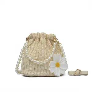 Fashion Casual Summer Pastoral Style Women Straw Beach Bucket Purse Holiday Portable Fairy Daisy Flower Pearls Shoulder Bag