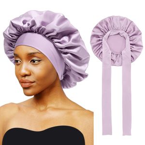 <span class=keywords><strong>Bonnet</strong></span> en satin de soie personnalisé avec logo pour dormir, double couche doublée de satin avec bande à nouer pour femmes aux cheveux bouclés - Product Image 6