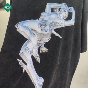 ARTIE Men's High Street Fashion Robot Print Washed <b>T</b>-<b>Shirt</b> Loose Retro Casual Short-Sleeved - Product Image 4