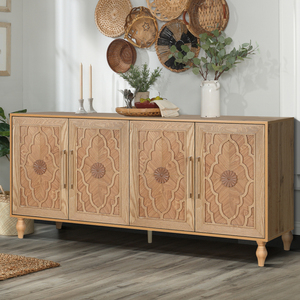 Carved Flower Door Large Storage Cabinet Natural <b>Wood</b> Metal Handle Living Room Kitchen Entryway - Product Image 3