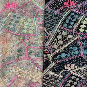 공장 직영 새 중량급 헤비 스팽글 자수 100% 폴리에스터 통기성 메쉬 레이스 트림 원단 플로럴 비즈 장식 - Product Image 1
