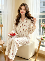 Pyjama Minimaliste en Coton Pur pour Femme, Luxueux et Mignon, Automne, Manches Longues, Polaire Fine, Respirant, Taille Élastique, Col Rabattu