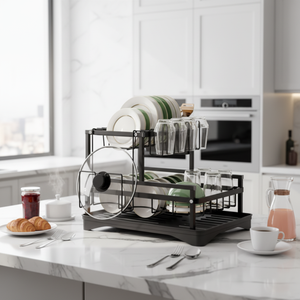 Étagère <span class=keywords><strong>de</strong></span> rangement <span class=keywords><strong>de</strong></span> cuisine à 2 niveaux, en acier inoxydable multi-couches, mobile, non pliable, <span class=keywords><strong>avec</strong></span> panier égouttoir et porte-gobelets - Product Image 2