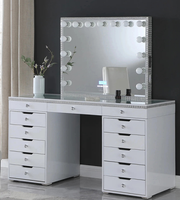 Coiffeuse de luxe moderne avec miroir en verre éclairé, 10 tiroirs et étagère de rangement en bois pour chambre et salon