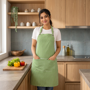 Premium Cotton <b>Apron</b> | Green & White Striped Kitchen <b>Apron</b> with Front Pocket | Adjustable <b>Bib</b> <b>Apron</b> for Cooking, Baking - Product Image 3