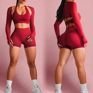 Abbigliamento Sportivo Personalizzato con Logo Femminile Set da 3 Pezzi per Yoga con Reggiseno Sportivo a Maniche Lunghe e <span class=keywords><strong>Pantaloncini</strong></span> per Allenamento Fitness - Product Image 1