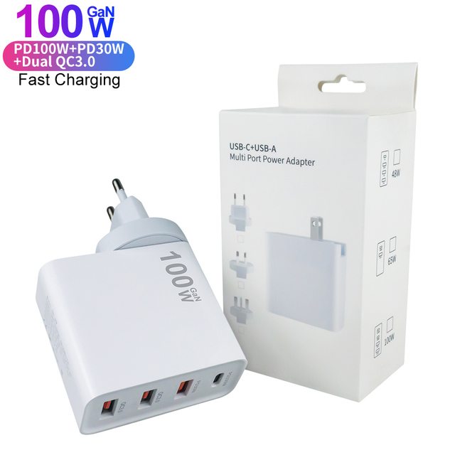 PD 100W Fast Charger USB C Dual Type C Port 30W Wall Charger and USB a 5V3A Travel Portable 100W GaN Charger Adapter for Laptop