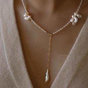 Colliers de perles d'eau douce naturelles et irrégulières, élégants, à double collier, perles de Keshi baroques et argent brisé - Product Image 4