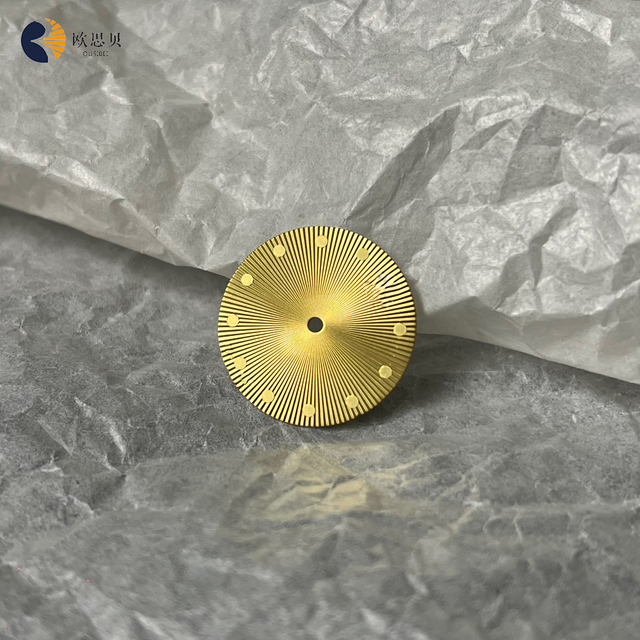 Custom OUSIBEI Eco-Friendly Brass Watch Dial 24*0.4mm Golden Index Parts with Oil Pressure Pattern Calendar Dial