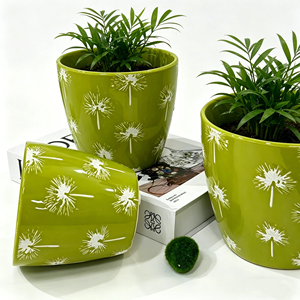 Nouveaux pots de <span class=keywords><strong>fleurs</strong></span> en céramique coniques <span class=keywords><strong>à</strong></span> motif pissenlit vert citron pour la culture intérieure, la décoration de la maison et l'aménagement de bureaux - Product Image 2