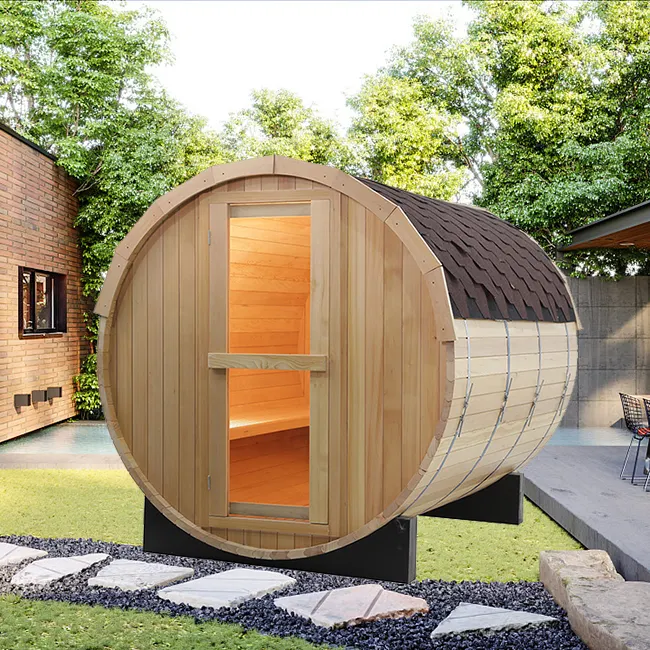 SMARTMAK Sauna-Hersteller Außenbereich Panorama rotes Zeder-Fass Sauna mit Holzverbrennung Saunaofen