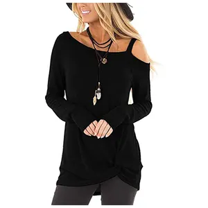 2022 Frauen kalte Schulter Tops Langarm Twist Knot Top Casual Tunika Bluse T-Shirts S-4XL