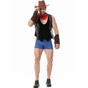 Western <b>Cowboy</b> <b>Men's</b> <b>Costume</b> Hat Vest Scarf Shorts Belt Bracelets Polyester Sexy Cosplay Party Role Play Outfit - Product Image 4