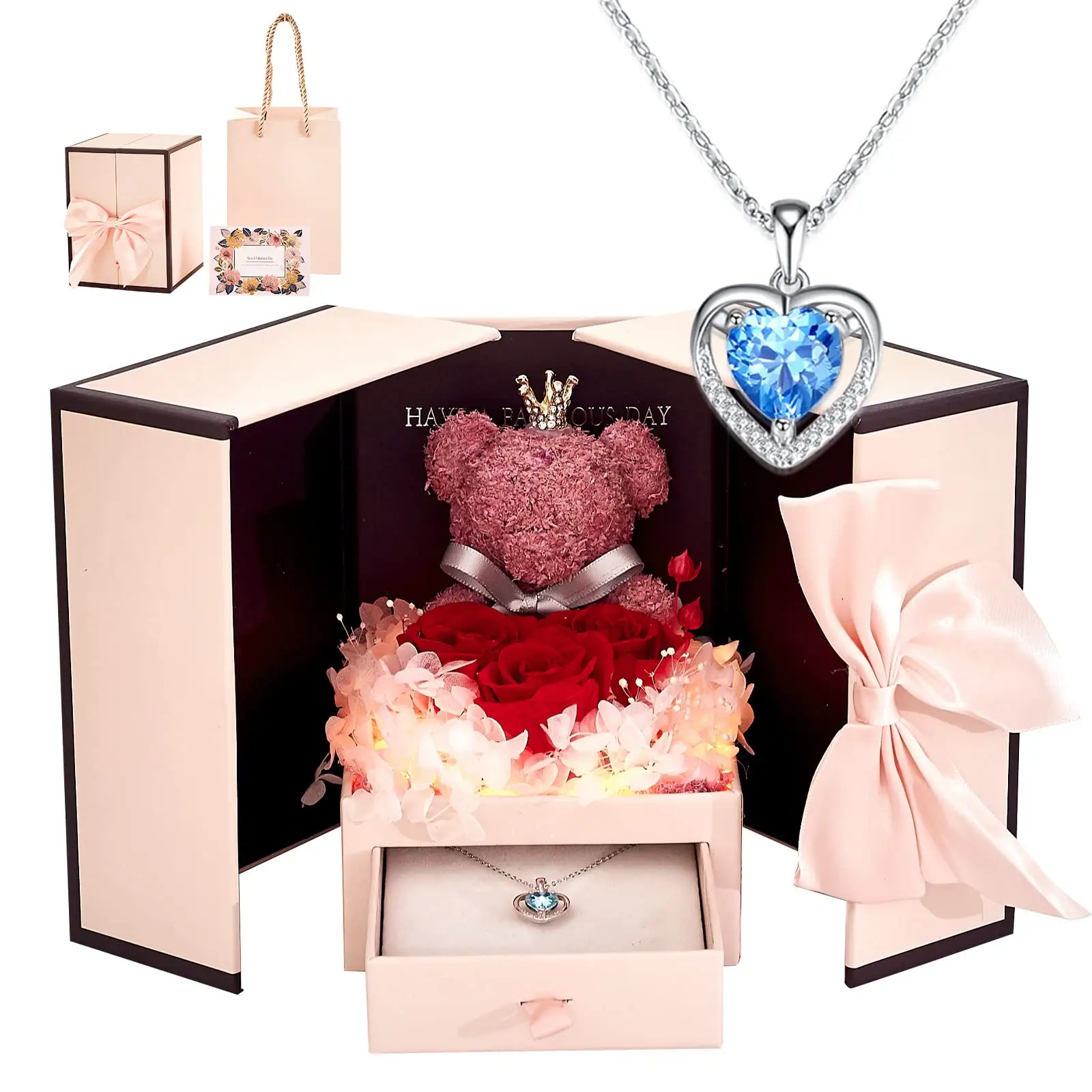 Regalo di festa della mamma 2024 natale san valentino Rose di fiori eterni carino orso e collana conservata rosa cura di sé set regalo
